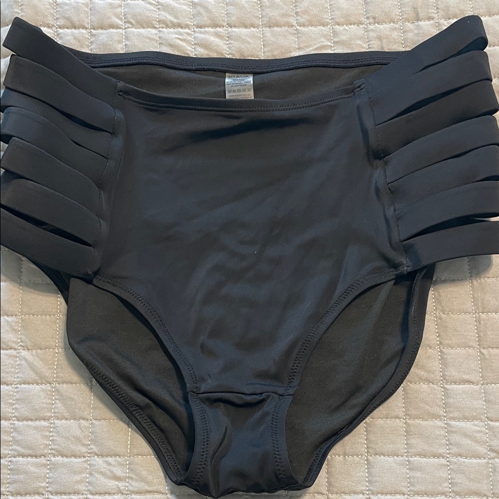 KIAVA Sunburst Black Mid-Rise Waist Bikini Bottom with Strappy Sides